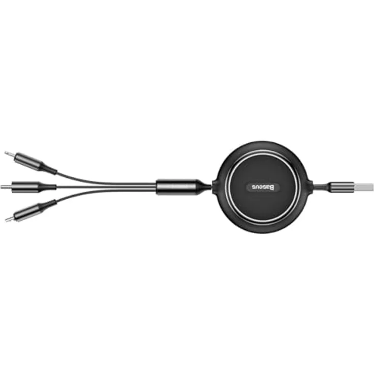 Baseus Golden Loop 3-in-1 USB-Kabel, ausziehbar, micro USB/Lightning/USB-C, 3.5A, Länge 35-120 cm, Schwarz (Modell: CAMLT-JH01)