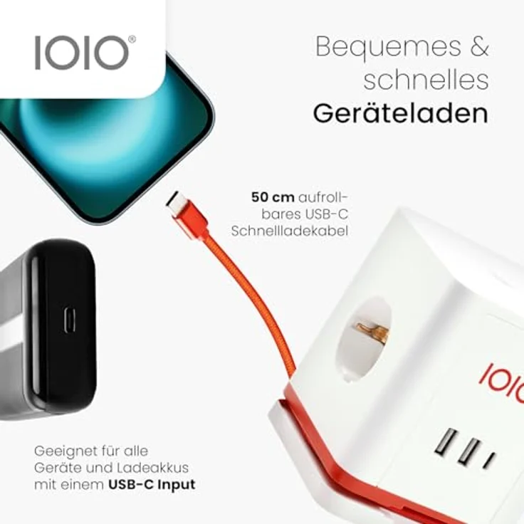 Olympia IOIO Steckdosenwürfel SW 1000, 3-Fach Schutzkontaktsteckdose mit 2x USB-A & 1x USB-C, EIN-/Aus-Schalter, aufrollbares USB-C Kabel, 16A/230V, 3680W, weiß – Bild 3