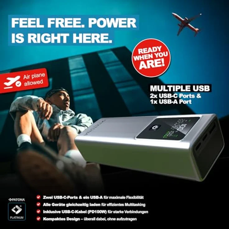 PATONA Platinum Powerbank Luxury One | 20.000mAh, 74Wh | PD100W, 2x USB-C, 1x USB-A, Schutzvorrichtungen gegen Überladung und Kurzschluss – Bild 3