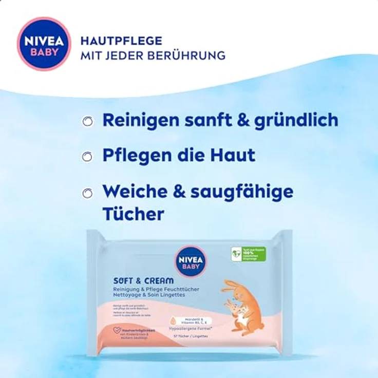 NIVEA Baby AQUA Feuchttücher, hypoallergene und parfümfreie Feuchttücher für Babys mit 99% Wasser, 4 x 57 Stück – Bild 3