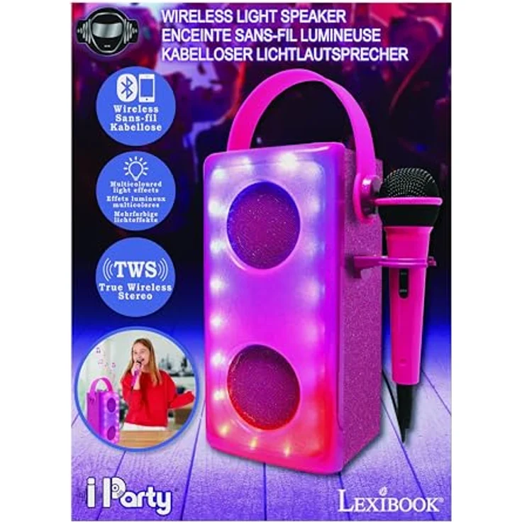Lexibook iParty BTP185PKZ, Kabelloser Bluetooth®-Lautsprecher mit Mikrofon, Mehrfarbige Lichteffekte, SD/TF-Kartenanschluss, Wiederaufladbare Batterie – Bild 5