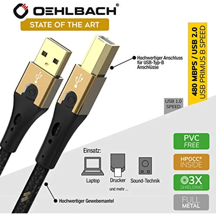 Oehlbach Primus USB-Kabel Typ B 2.0 - State of the Art - High Speed 480 Mb-s hochflexibel Metallstecker HPOCC 3-Fach Schirmung - Drucker, Scanner, Audio Verstärker 50 cm, Schwarz-Gold - Preisvergleich – Bild 6
