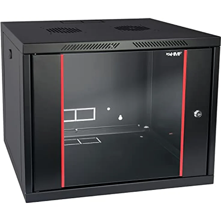HMF 66409-02 Netzwerkschrank, Serverschrank 19 Zoll mit 9 HE, 450 mm Tiefe, voll montiert, Glastür, schwarz – Bild 1