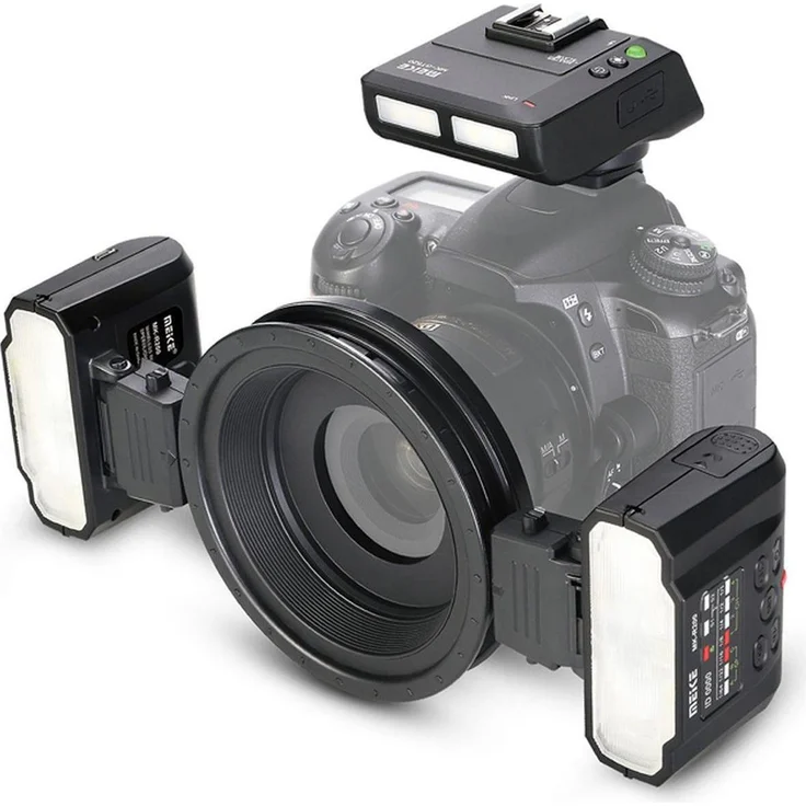 Meike MK-MT24 II TTL Makro-Ringblitzsystem für Canon, zwei Kompakt-Makroblitzgeräte mit 2,4 GHz Funktechnologie, modulare Struktur und hitzebeständige Komponenten