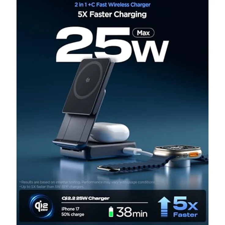 Spigen Essential EF302MOQ, 2-in-1 Magnetischer MagSafe Wireless Charger, 25 W Schnellladen, Schwarz – Bild 2