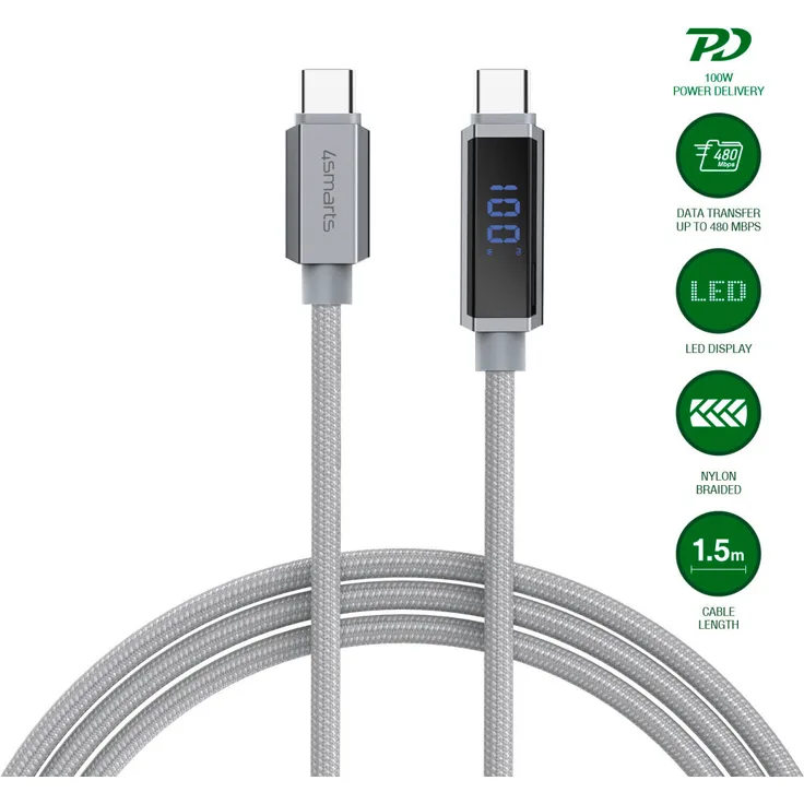 4Smarts DigitCord USB-C Kabel, 100 W Lade- und Datenkabel mit Echtzeit-Display, 1,5 m, Aluminium-Stecker und Nylon-Geflecht