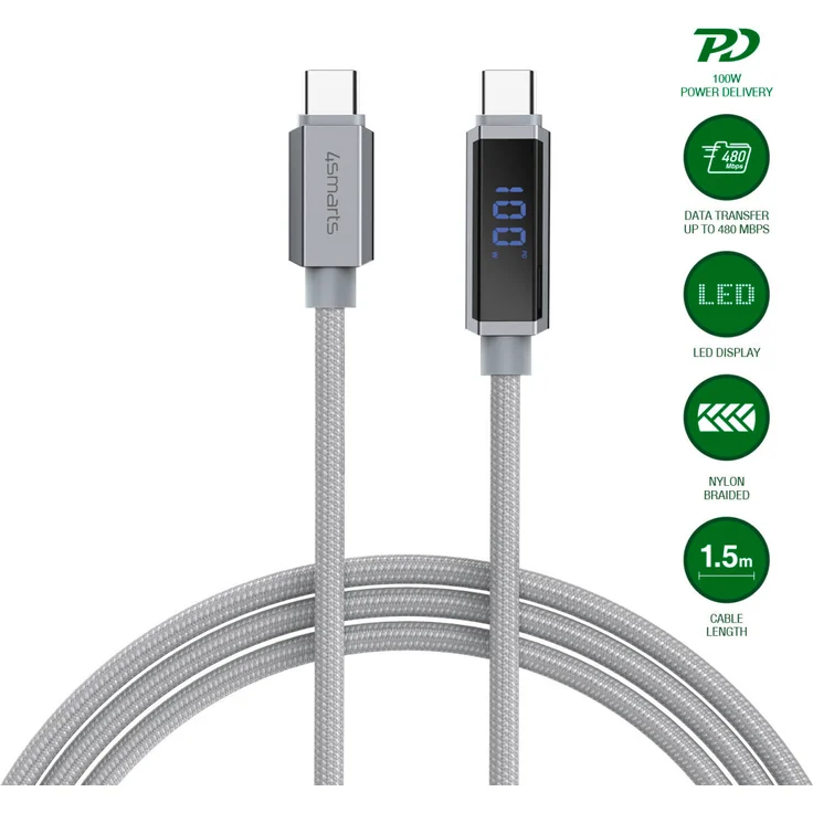 4Smarts DigitCord USB-C Kabel, 100 W Lade- und Datenkabel mit Echtzeit-Display, 1,5 m, Aluminium-Stecker und Nylon-Geflecht