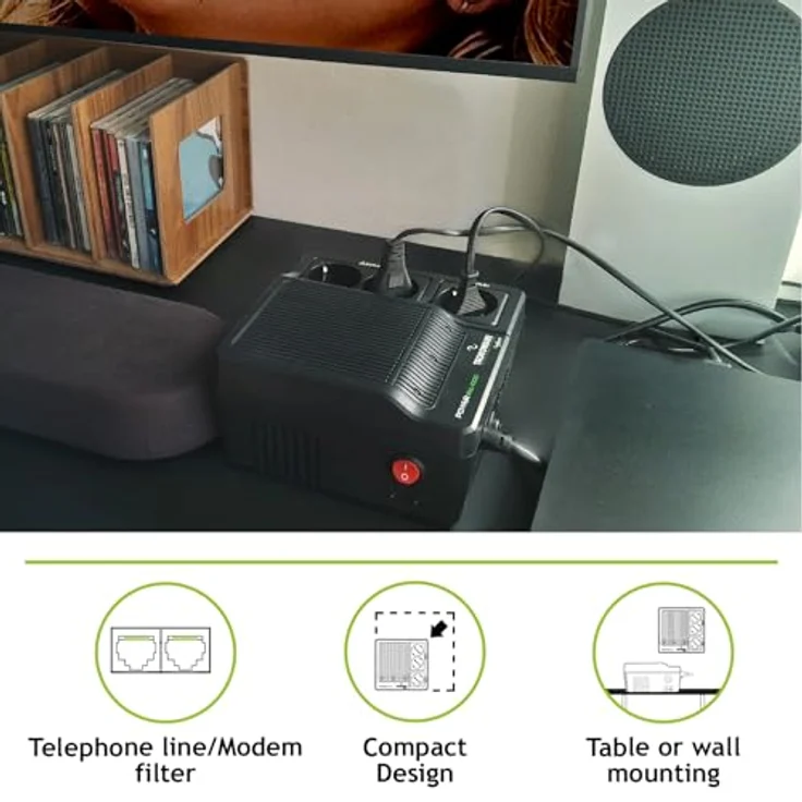 Tecnoware Spannungsstabilisator 1000VA, einphasiger Stromregler für Modem, Router und PC, Schutz vor Stromschwankungen, 3 Schuko-Ausgänge, LED Statusanzeige – Bild 5
