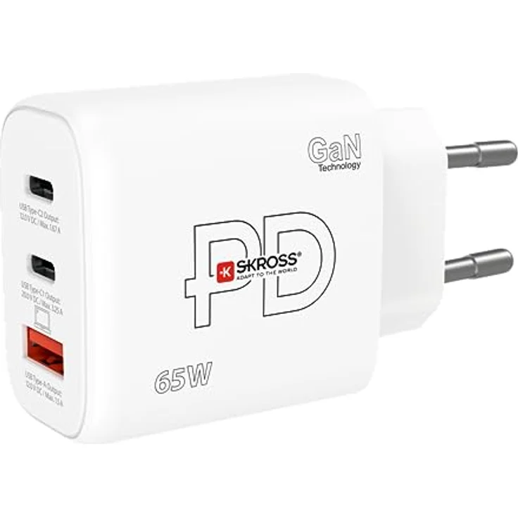 SKROSS - Power Charger 65W Gan EU - PC -Ladegerät, Tablet, Smarthone mit Schnellem Laden 65 W - Lader mit 3 USB -Geräten (USB 18W + USB C 20W + USB C 65W) mit EU -Sockel – Bild 1