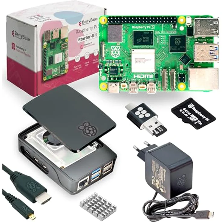 BerryBase Raspberry Pi 5 Starterkit, 64GB microSDHC mit vorinstalliertem Pi OS, Gehäuse, Netzteil, HDMI-Kabel, Zubehör - RAM: 1GB - Farbe: schwarz – Bild 1