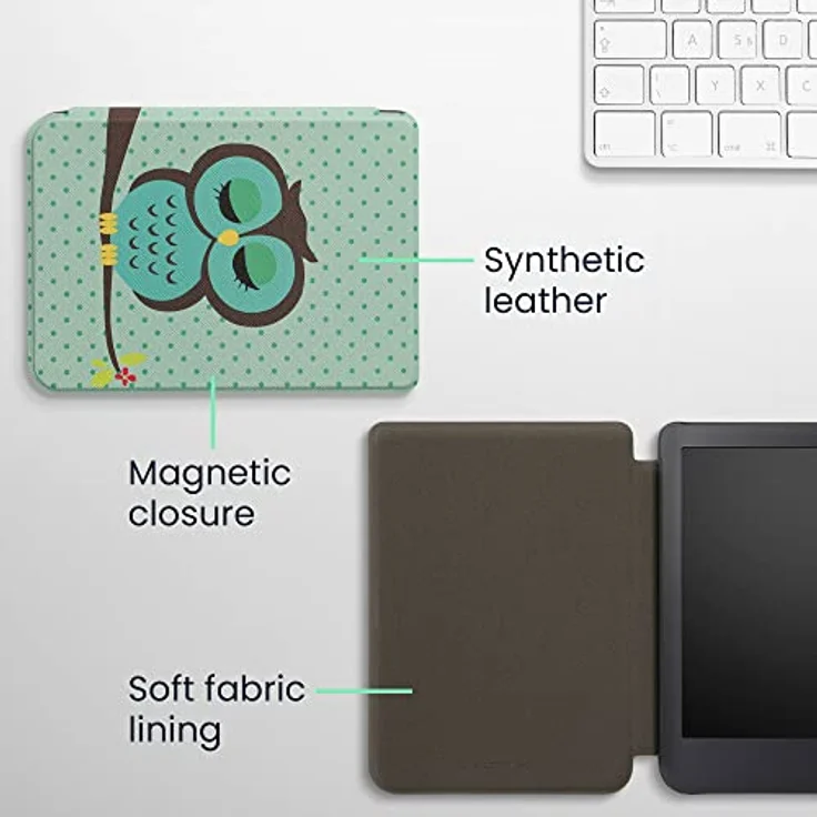 kwmobile Klapphülle kompatibel mit Kobo Clara 2E / Tolino Shine 4 Hülle - eReader Case - Eule Schlaf Türkis Braun Mintgrün – Bild 5