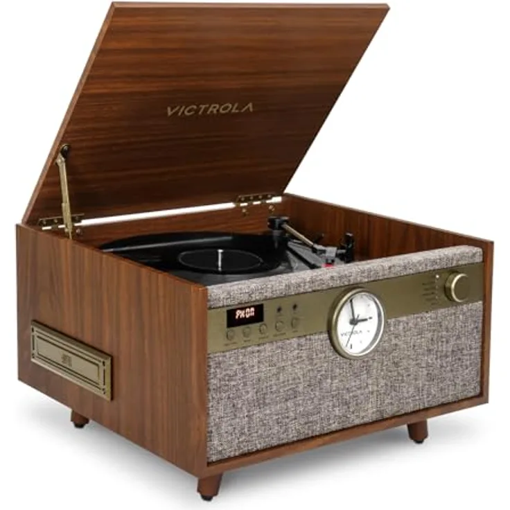 Victrola The Century 6-in-1 Music Center, Plattenspieler mit Bluetooth, CD-Player, Kassettendeck und UKW-Radio, braun