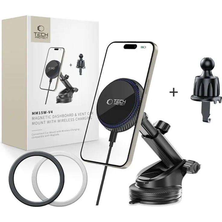 Tech-Protect MM15W-V4, Magnetische MagSafe 15W Auto-Halterung für Cockpit/Windschutzscheibe/Luftauslass - Schwarz