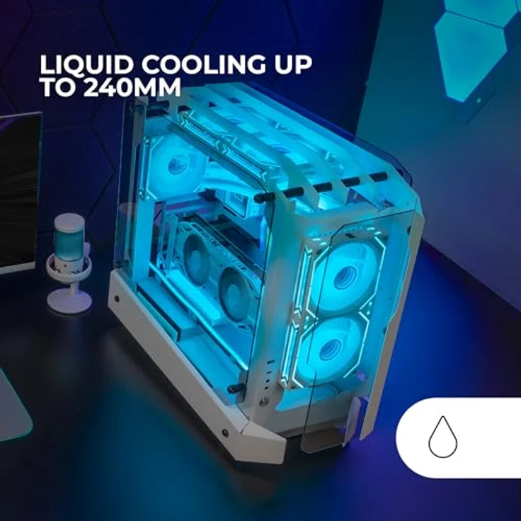 Mars Gaming MC-Edge ATX Gaming Gehäuse, Open Air Design mit dreifach gehärtetem Glas, USB-C und USB 3.0, Weiß – Bild 5