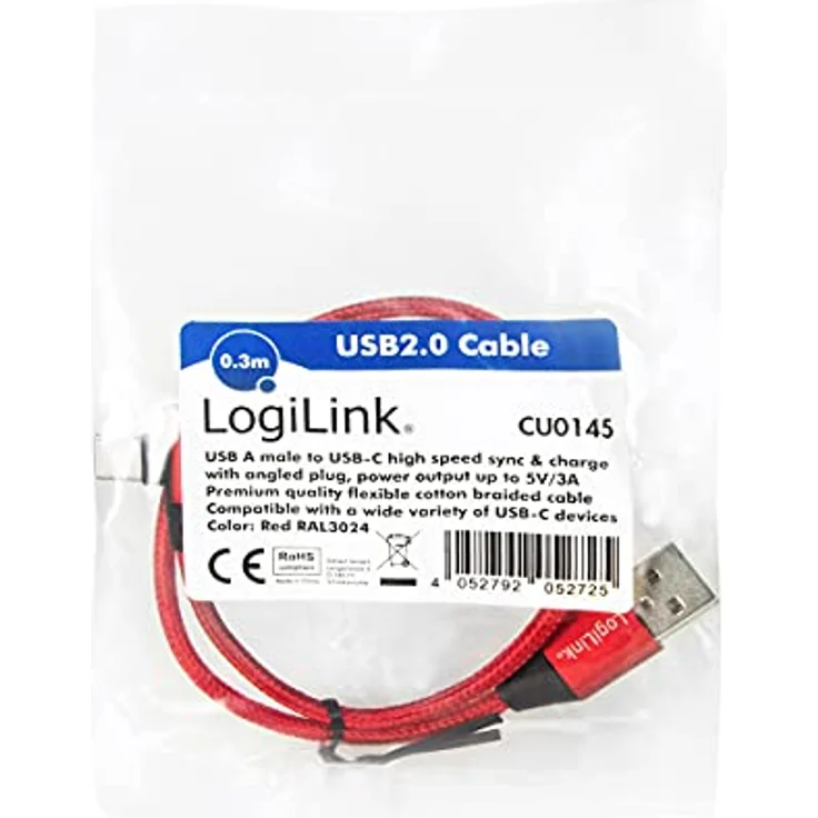 Logilink - USB-Kabel - USB-C (M) gewinkelt bis USB (M) gerade - USB 2.0 - 5 V - 3 A - 30 cm - Rot, RAL 3024 (CU0145) – Bild 9