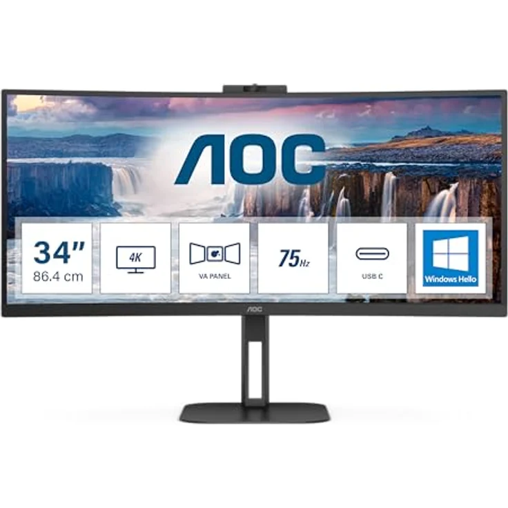 AOC CU34V5CW - 34 Zoll WQHD Curved Monitor mit 2 MP Webcam, Lautsprechern, höhenverstellbar, schwarz – Bild 2