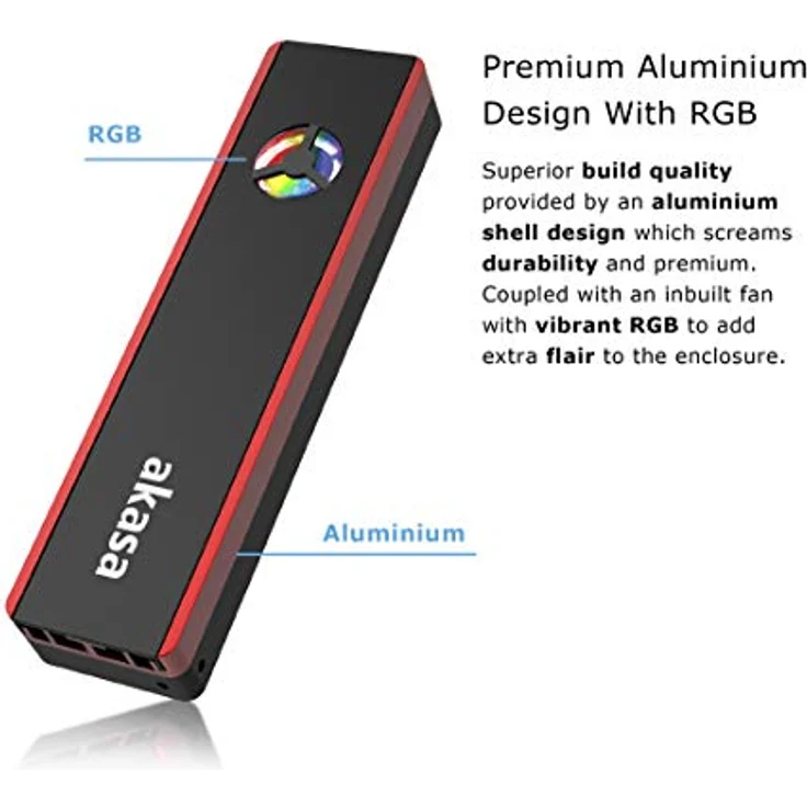 Akasa Vegas SSD Mate | M.2 SATA/NVME SSD auf USB 3.2 Gen 2 Aluminium-Gehäuse mit RGB-Lüfter | Externes RGB SSD Gehäuse, Werkzeugloser M.2-Gehäuseadapter | Inklusive Tragetasche – Bild 3