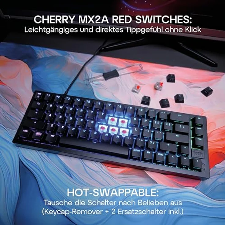 Xtrfy Cherry K5V2 Compact, mechanische Gaming-Tastatur im 65-Prozent-Format, Deutsches Layout (QWERTZ), Hot-Swap-Keyboard, Cherry MX2A RED Switches, Schwarz – Bild 3