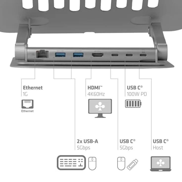 Club3D CSV-2554, Verstellbarer Aluminium-Laptop-Ständer mit USB-C® Hub und 360° Drehung, silber – Bild 5