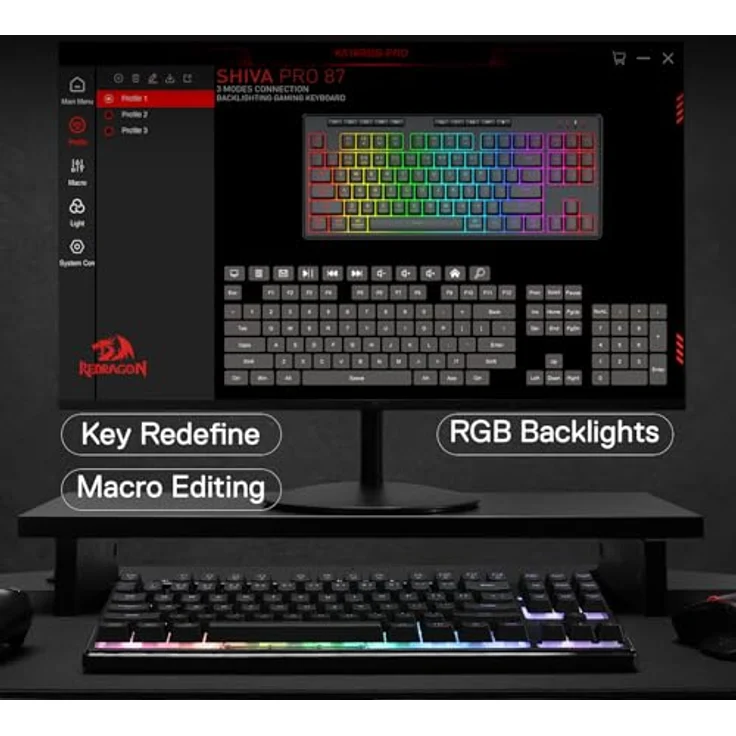 Redragon K516RGB-PRO SHIVA PRO 87, Ergonomische TKL-Tastatur mit dynamischer RGB-Beleuchtung, kabelgebunden und kabellos, Schwarz – Bild 7