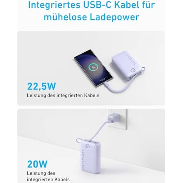 Anker Powerbank, 22.5W Leistung, Externer Akku mit integriertem USB-C Kabel, 1x USB-C, 1x USB-A, 20.000mAh Powerbank, Für iPhone 15/14 Serie, MacBook, Galaxy, iPad, AirPods und mehr(Lila) – Bild 2