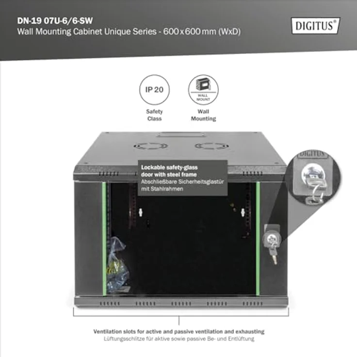 DIGITUS Netzwerk-Schrank 19 zoll 7 HE - Wandmontage - 600 mm Tiefe - Traglast 100 kg - Unique Serie - Glastür - Schwarz - Preisvergleich – Bild 3