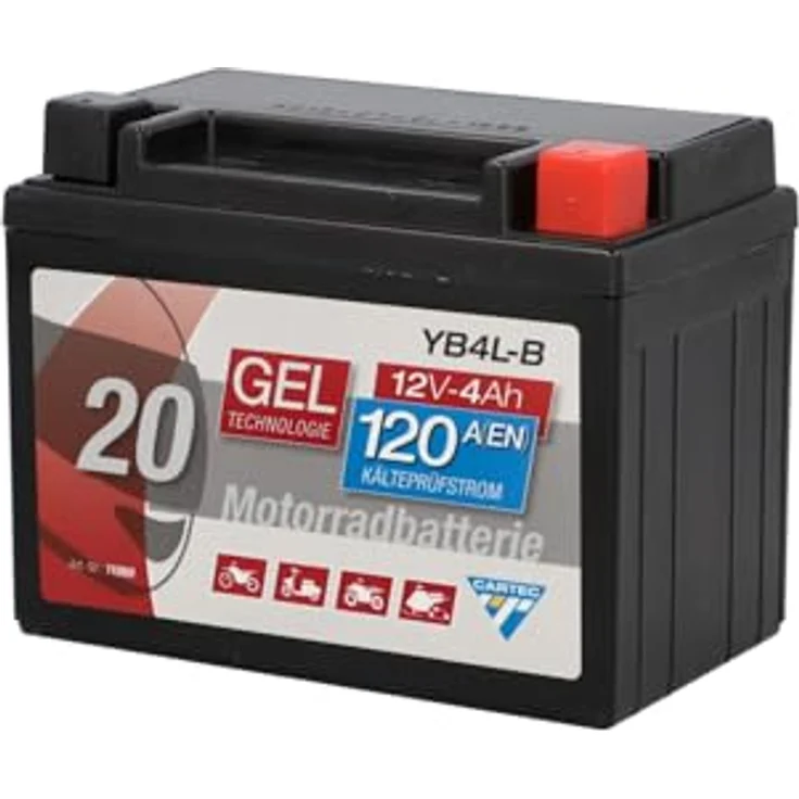 Cartec Gel Motorradbatterie YB4L-B, 4Ah 120A, wartungsfrei und auslaufsicher mit hoher Startkraft – Bild 1