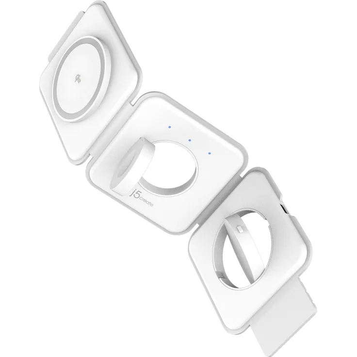 j5Create Qi2 3-in-1 Magnetische Reise-Drahtlos-Ladestation, 15W Schnellladung für iPhone & Android, faltbar, Weiss