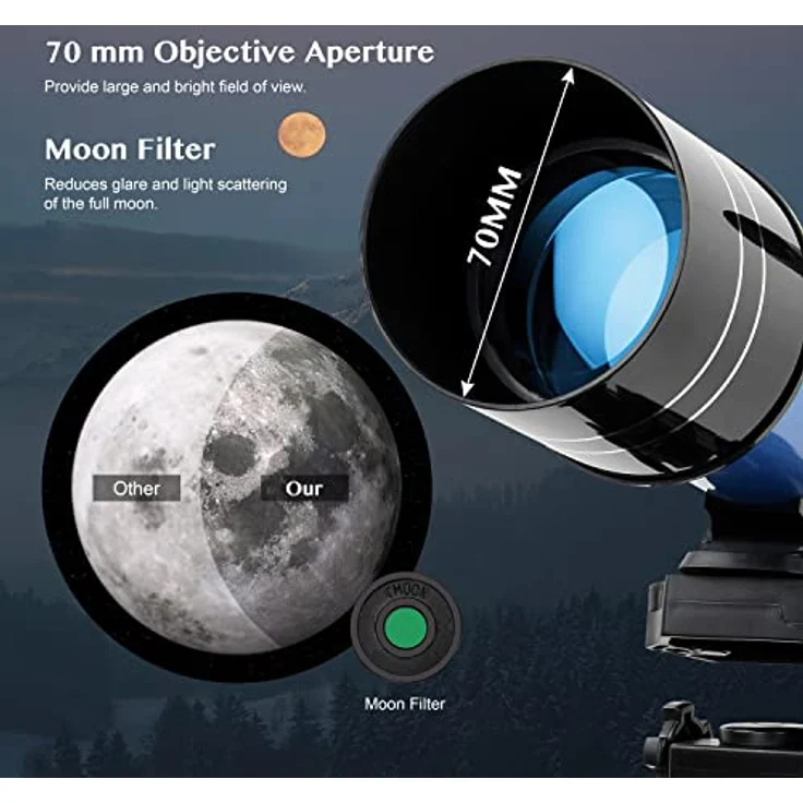 AOMEKIE Teleskop Astronomie 70/400 Fernrohr Teleskop mit Tasche, Aluminium Stativ, Smartphone Adapter und Mondfilter 40070+ – Bild 4