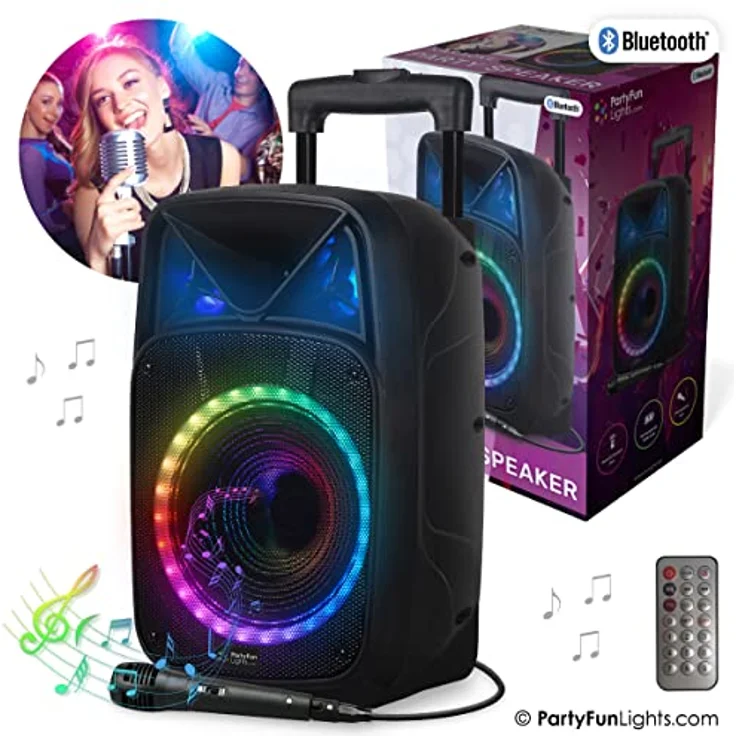 PartyFunLights Karaoke-Party-Lautsprecher - Bluetooth - Mikrofon - Fernbedienung - Handle & Wheels - (605603) – Bild 4