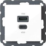 Unterputz USB-Ladestation mit USB-C 45 Watt + USB-A 15 Watt Charger/Lader 6560x0100 zur Hausinstallation, für gängige Schalterprogramme (55x55mm), Power Delivery (PD), T65.01 Kombi