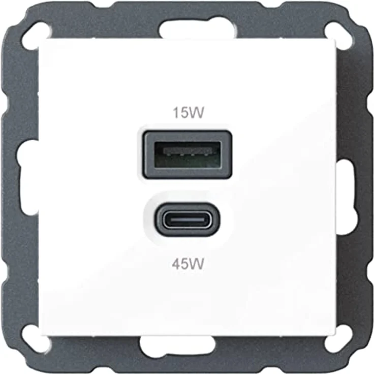 Unterputz USB-Ladestation mit USB-C 45 Watt + USB-A 15 Watt Charger/Lader 6560x0100 zur Hausinstallation, für gängige Schalterprogramme (55x55mm), Power Delivery (PD), T65.01 Kombi – Bild 1