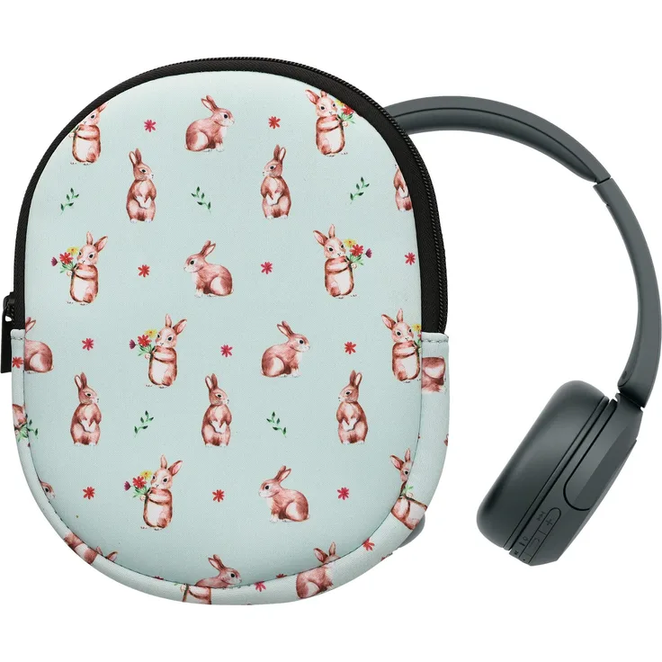kwmobile Kopfhörer-Schutzhülle Hülle für Sony WH-CH520 / WH-CH510 Neopren Tasche, Case für Headset aus Neopren Stoff Hasen und Blumen Design - Robuste Schutzhülle für Headset, strapazierfähiges Neopren, Innenmaße 21,5 x 16 cm