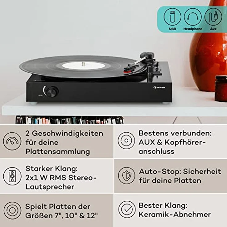 Auna Plattenspieler, DIY Retro Schallplattenspieler Set mit Lautsprecher, 3 Geschwindigkeiten, automatische Stopp-Funktion und Bluetooth – Bild 2