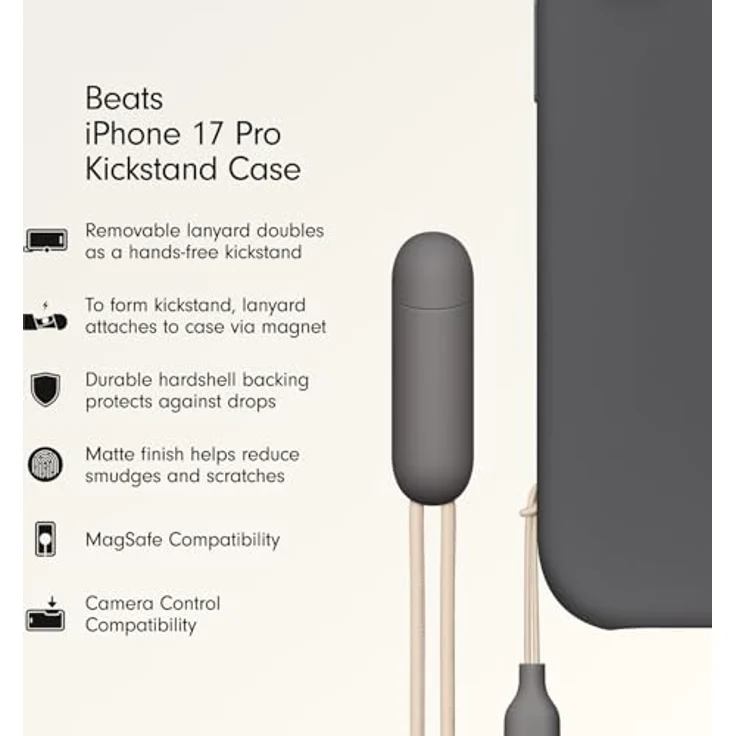 Beats iPhone 17 Pro Kickstand Case mit MagSafe, Kamerasteuerung, integrierter Ständer und Trageschlaufe, Matte Außenseite, Innenfutter aus Mikrofaser – Granitgrau – Bild 2