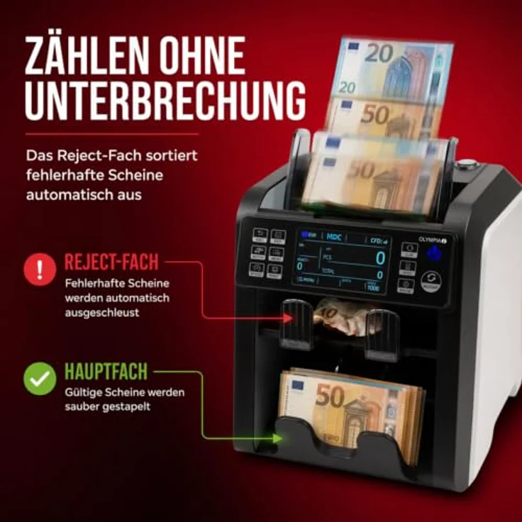 OLYMPIA Banknotenzähler NC 800, bis zu 1.000 Banknoten pro Minute, zuverlässige Falschgelderkennung mit 2 CIS-Sensoren und LED-Display – Bild 2