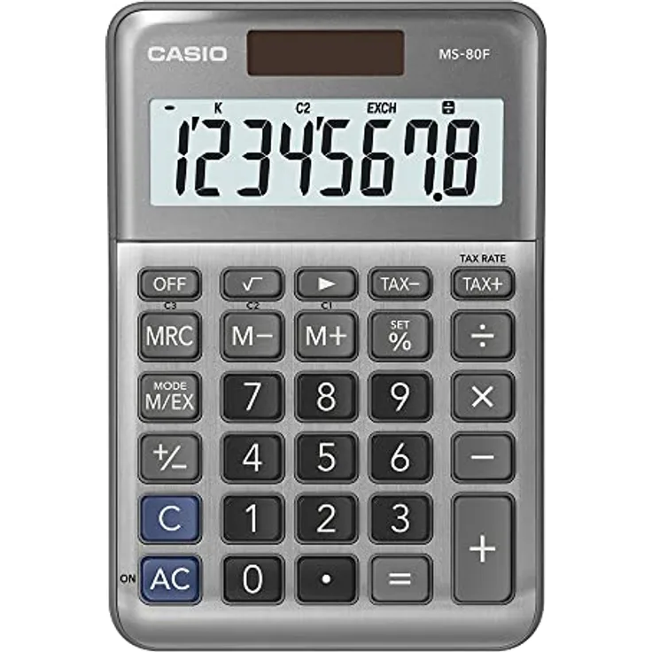 Casio Tischrechner MS-80F, 8-stellig, Steuerberechnung, Quadratwurzel, Aluminiumfront, Vorzeichenwechsel, Solar/Batteriebetrieb