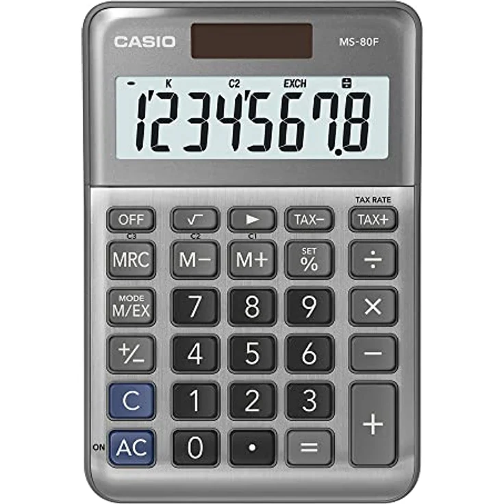 Casio Tischrechner MS-80F, 8-stellig, Steuerberechnung, Quadratwurzel, Aluminiumfront, Vorzeichenwechsel, Solar/Batteriebetrieb – Bild 1