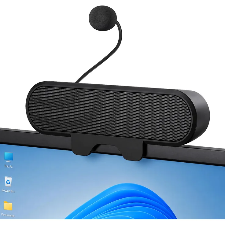Bolwins E27C PC Lautsprecher 10W USB Soundbar mit abnehmbarem Mikrofon & Monitor-Clip, Stereo-Sound für Gaming und Online-Unterricht, Schwarz
