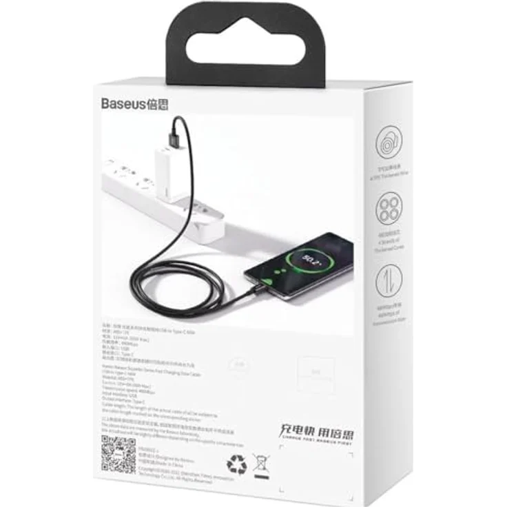 Baseus Superior USB - USB Typ C Schnellladekabel 66 W (11 V / 6 A) mit 480 Mbit/s Datenübertragung, 1 m, schwarz – Bild 3