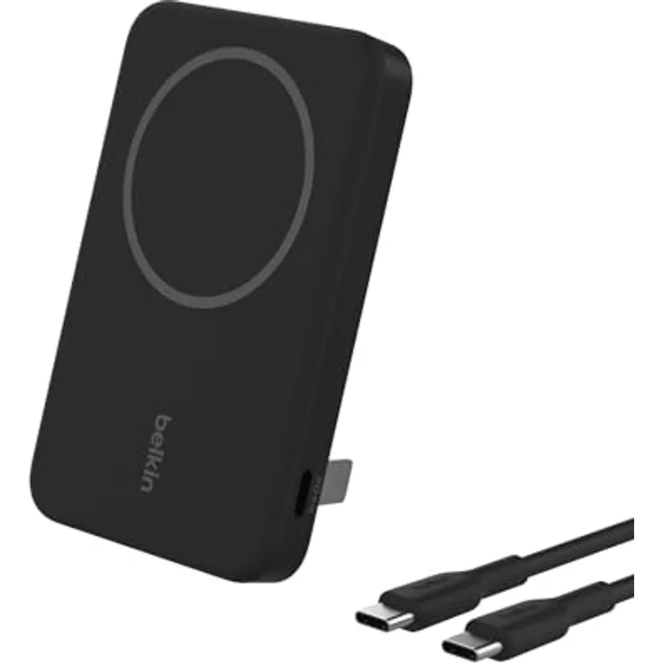 Belkin BoostCharge Pro, kabellose Powerbank 5000mAh mit Qi2, MagSafe-kompatibel, integrierter Ständer, passend für iPhone 16, 15, 14, 13, 12 – Schwarz