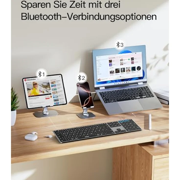 Inateck KB06007, Kabellose Bluetooth Tastatur mit KI-Funktion, 3 Bluetooth Kanälen, Deutsches QWERTZ Layout, Leise Tasten, kompatibel mit iPadOS, Android, Windows, Ergonomisches Design, lange Akkulaufzeit – Bild 2