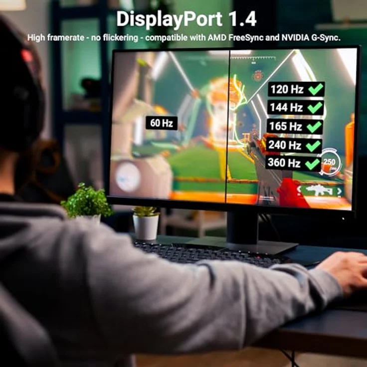deleyCON 2m DisplayPort Kabel 1.4, Aluminium, 8K@60Hz / 4K@165Hz / 2K@360Hz, UHD WQHD HDR, mit Daisy-Chaining, kompatibel mit AMD FreeSync & NVIDIA G-Sync – Bild 4