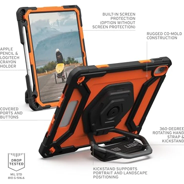 URBAN ARMOR GEAR Plasma HK Case Apple iPad 10.9 Hülle (10. Generation 2022) Schwarz/Orange - 360 Grad drehbare Handschlaufe, Displayschutzfolie, Apple Pencil/Logitech Crayon Halter – Bild 3