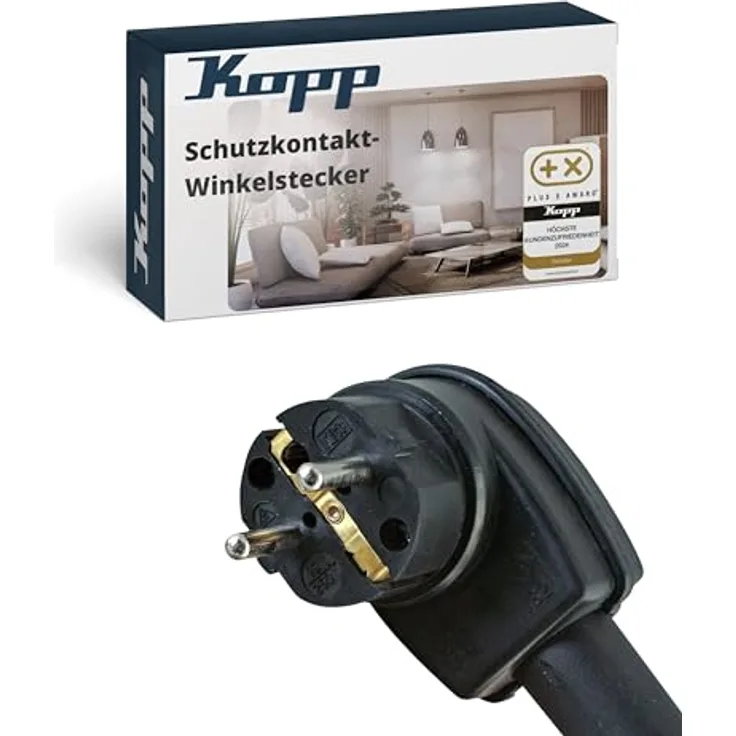 Kopp Schutzkontakt-Winkelstecker, aus Vollgummi, bruchfest & stabil, IP44 Feuchtraum geeignet, mit Knickschutztülle, für Kabel bis 3x2,5mm², schwarz, 178216009
