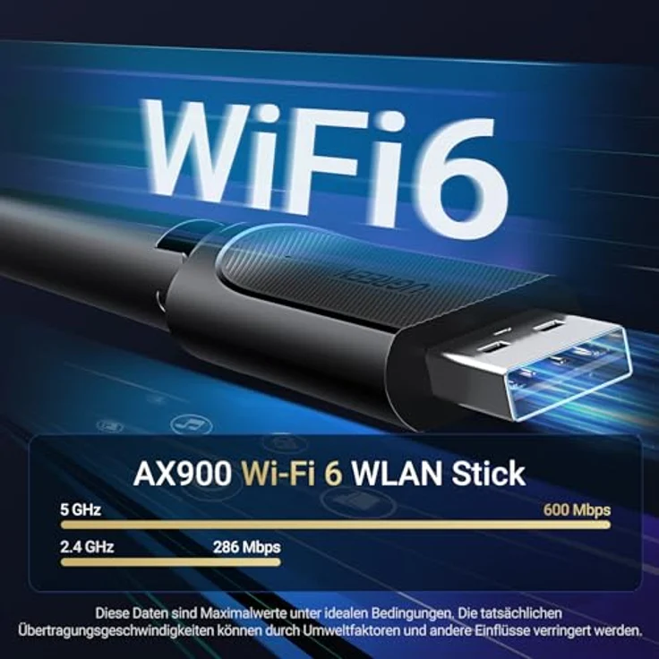UGREEN AX900 WLAN Stick, WiFi 6 Adapter mit Dual Band 2,4G/5GHz, 6dBi Antenne, 600 Mbps, WPA2-PSK, kompatibel mit Windows 11/10 – Bild 2