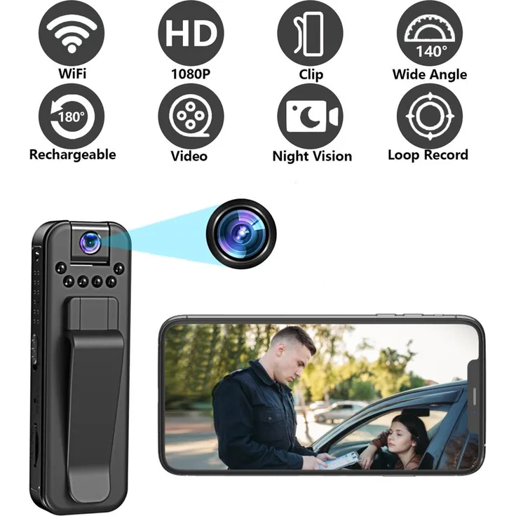 Exlene HD 1080P Miniatur-Camcorder, tragbare Polizeikamera mit Infrarot-Nachtsicht und Clip-Design, bis zu 4 Stunden Akkulaufzeit