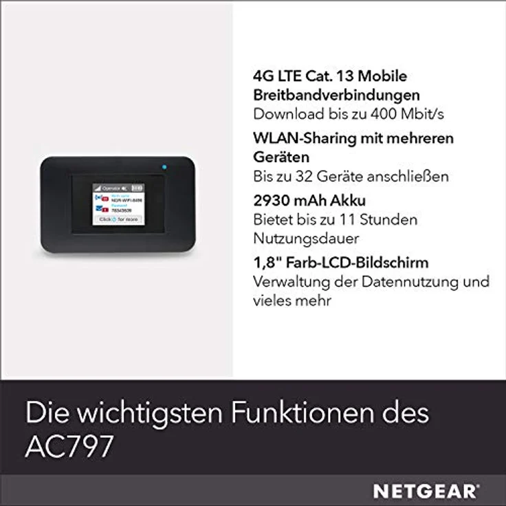 Netgear AC797 Mobiler WLAN Router - 4G LTE Router (AirCard mit bis zu 400 MBits-s Download-Geschwindigkeit, Hotspot für bis zu 15 Geräte, WiFi überall einrichten, für jede SIM-Karte freigeschaltet) – Bild 6