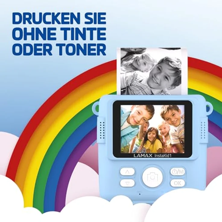 Lamax InstaKid1 Kinderkamera, Sofortdruck auf Thermopapier, 2 Rollen inklusive, 2,4''-Display, Filter, Rahmen, Spiele (Blau) – Bild 2