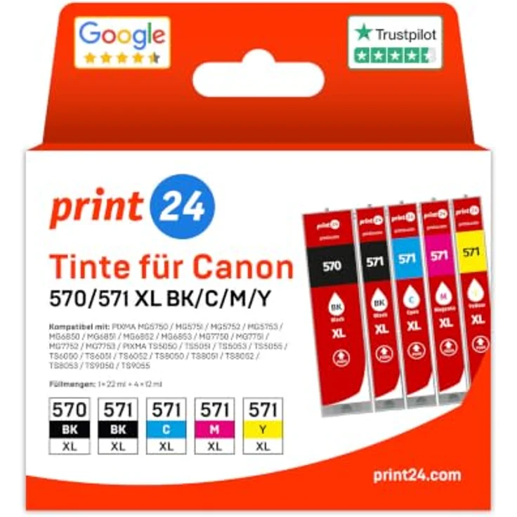 print24 Tintenpatrone PGI 570 XL / CLI 571 XL, Multipack mit 1x Schwarz (22 ml), 1x Schwarz (12 ml), 1x Cyan (12 ml), 1x Magenta (12 ml), 1x Gelb (12 ml) – Bild 1